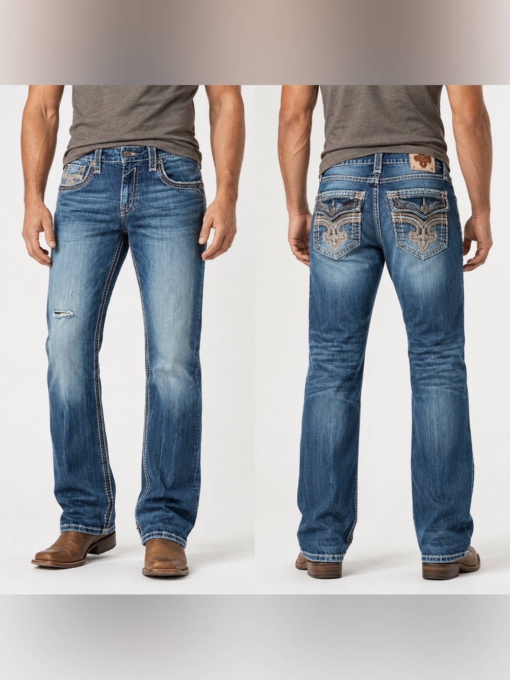 Rock Revival Crete Straight Men’s Jeans 38 Distressed Embroidered Medium Wash